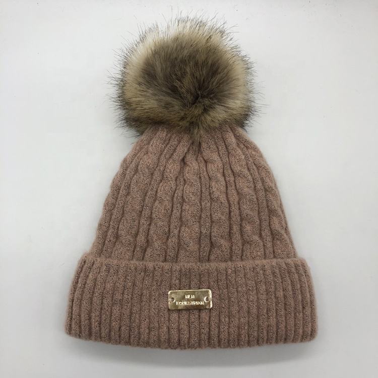 Winter Cable Knit Beanie with Faux Fur Pom — Burgu