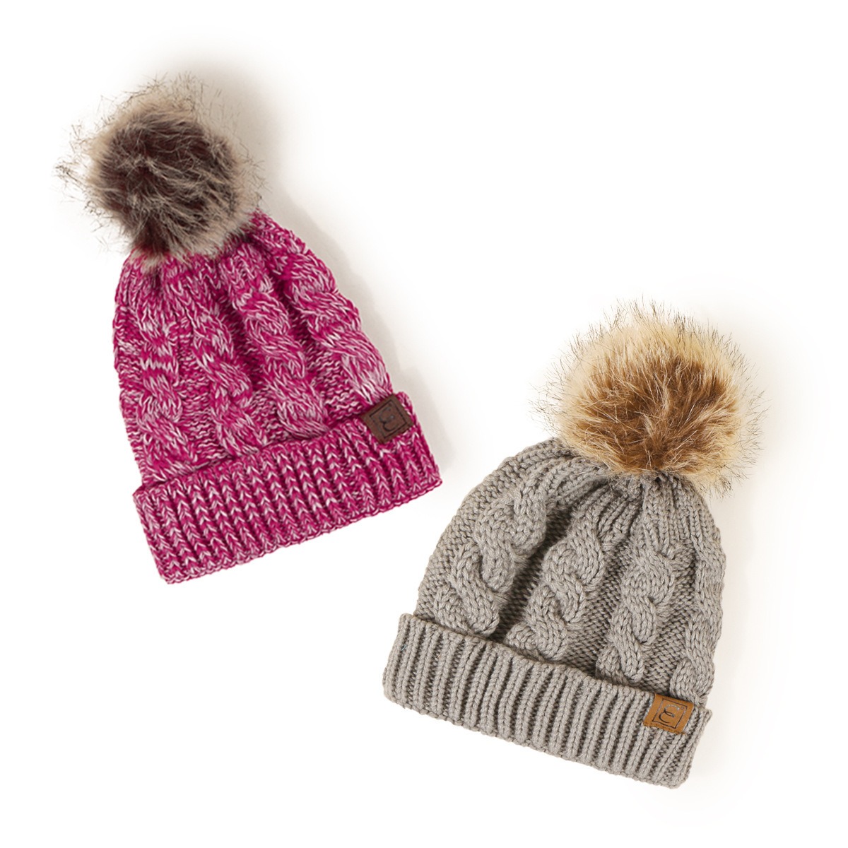 Winter Cable Knit Faux Fur Pom Pom Beanie Hat for Women Soft Warm Cuffed Skull Cap