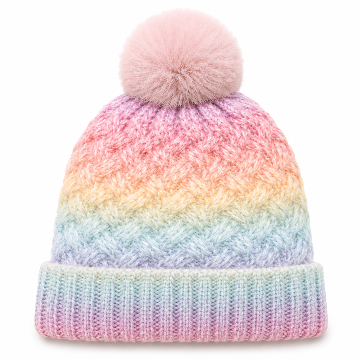Pastel Gradient Cable Knit Pom Pom Cuffed Beanie