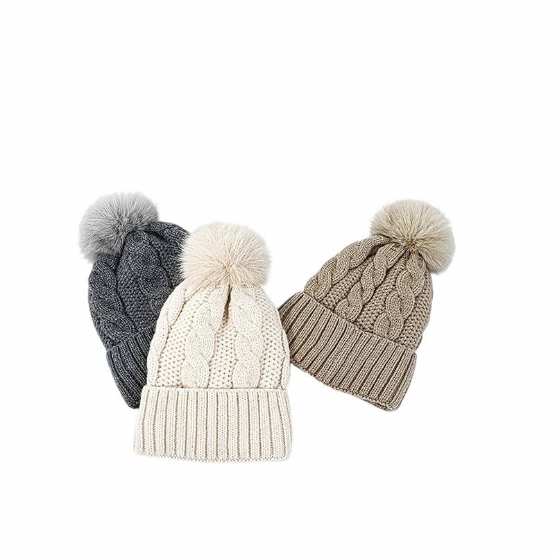 Women's Winter Cable Knit Beanie Hat with Faux Fur Pom Pom Warm Soft Cuffed Cap