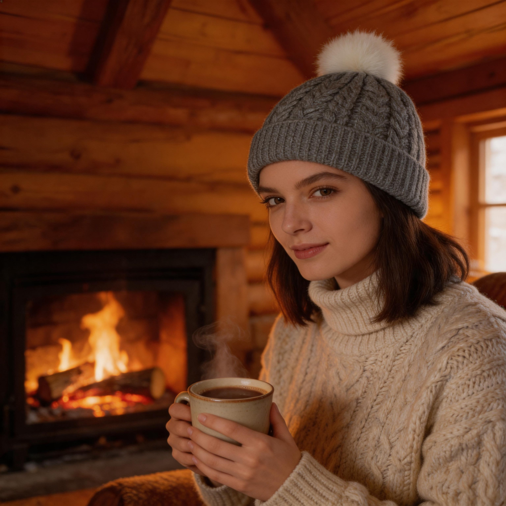 Women's Chunky Cable Knit Beanie Hat with Faux Fur Pom Pom