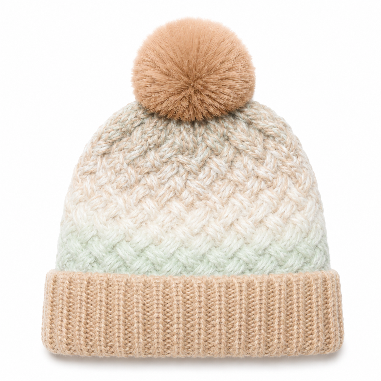 Pastel Gradient Cable Knit Pom Pom Cuffed Beanie