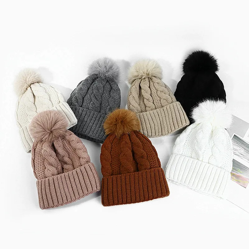 Winter Cable Knit Beanie with Faux Fur Pom Pom