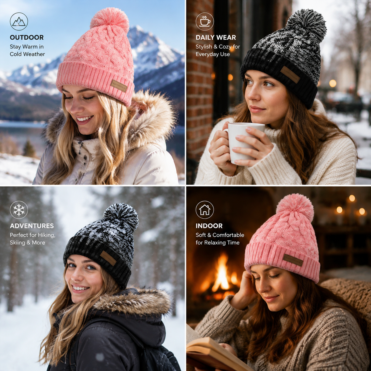 Winter Cable Knit Pom Pom Beanie Hat with Warm Cuffed Design