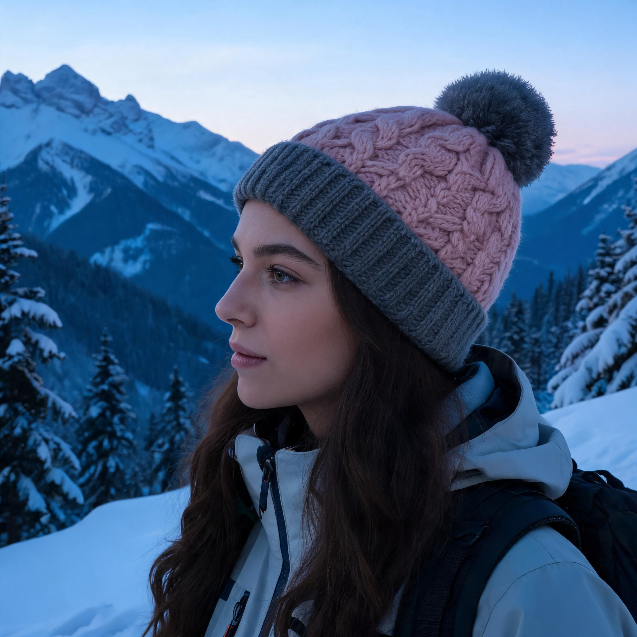 Pink and Gray Cable Knit Cuffed Pom Pom Winter Beanie