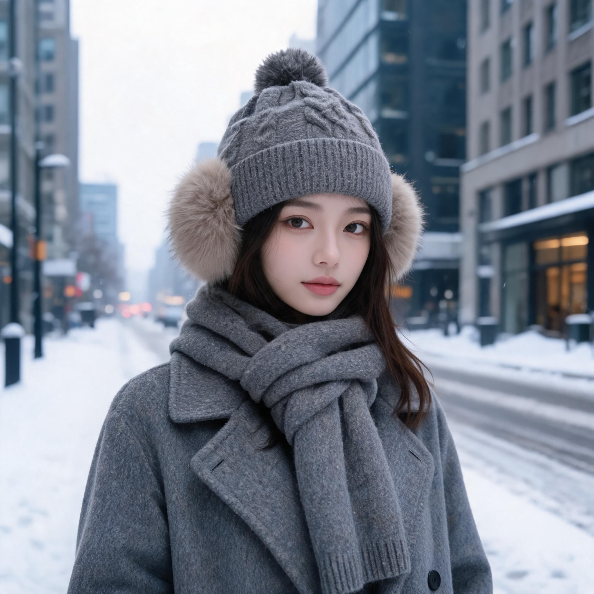 Winter Cable Knit Beanie Hat with Faux Fur Side Pom Poms and Cuffed Design