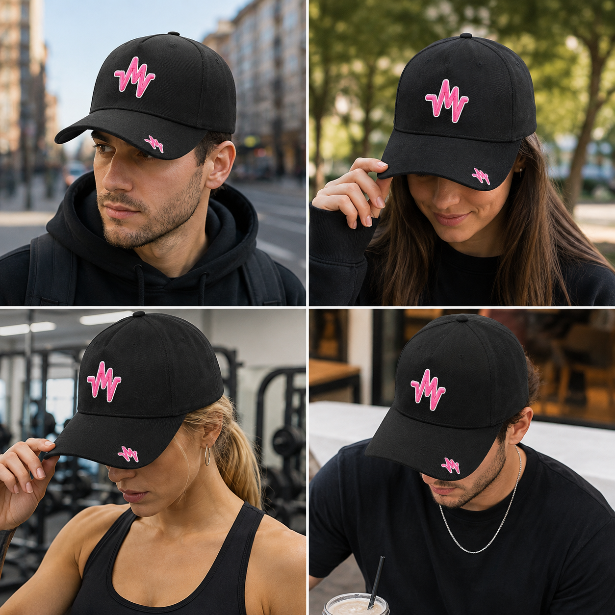 Black Five-Panel Cotton Twill Baseball Cap with Pink 3D Wave Embroidery