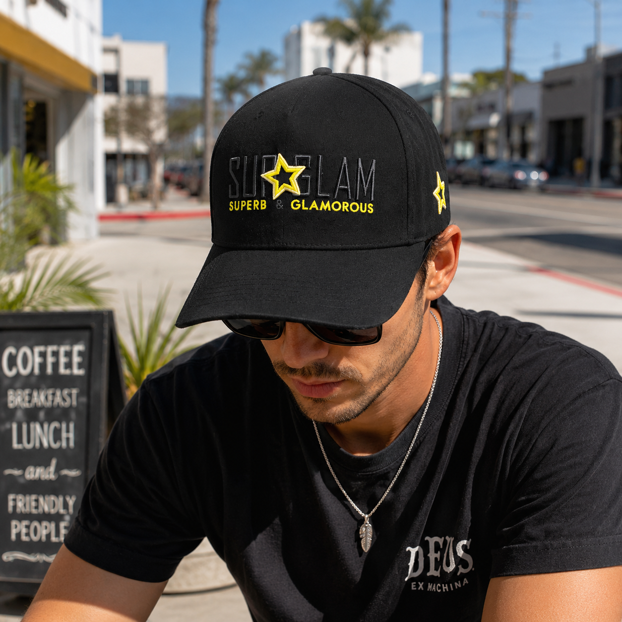 Black Cotton Twill Baseball Cap with Star Letter Embroidery