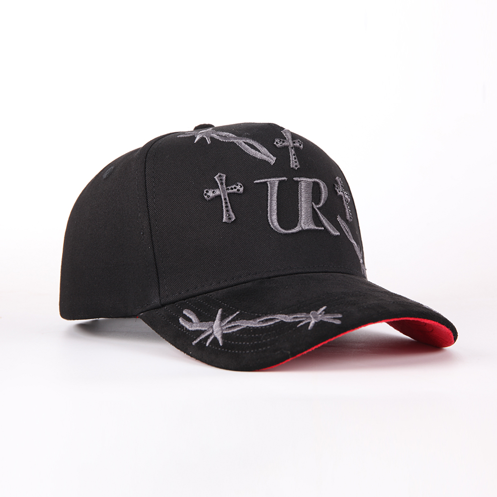 Black Embroidered Cross Pattern Adjustable Streetwear Baseball Cap Fashion Cotton Twill Hat