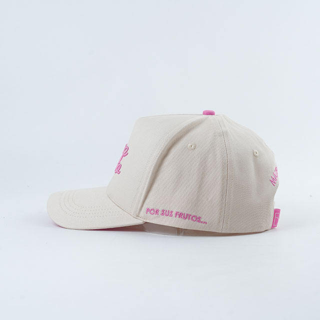 Cream White 5 Panel Cotton Twill Baseball Cap with Pink Script Embroidery Logo and Curved Brim