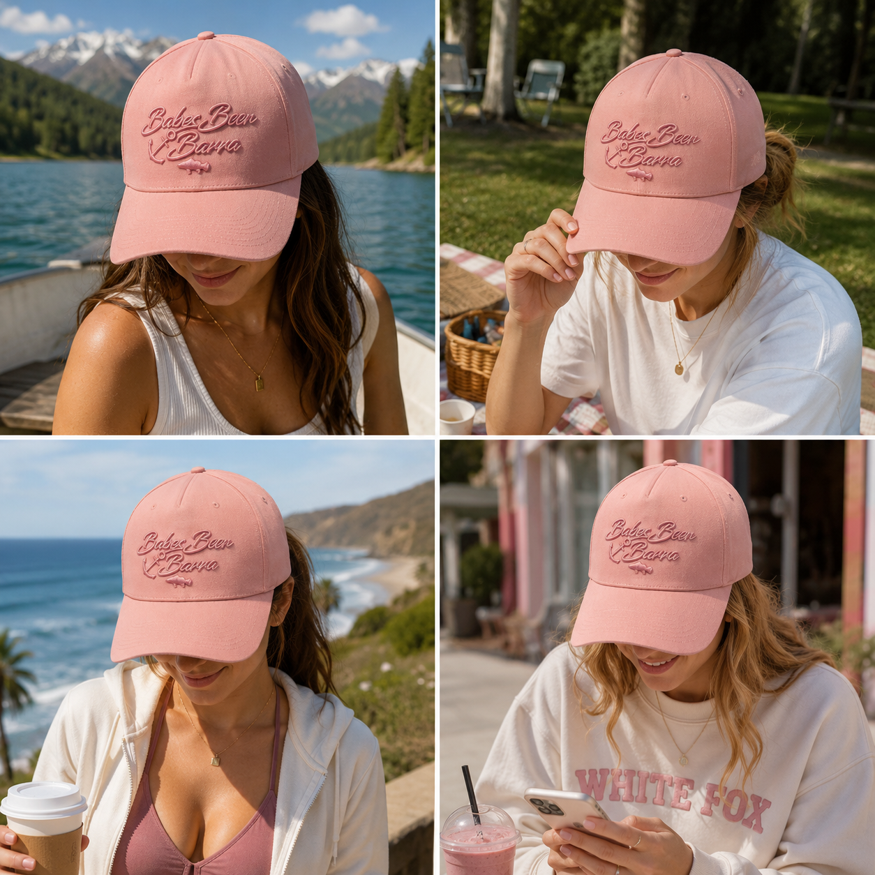Peach Cotton Twill Baseball Cap with Tonal Anchor and Fish Embroidery