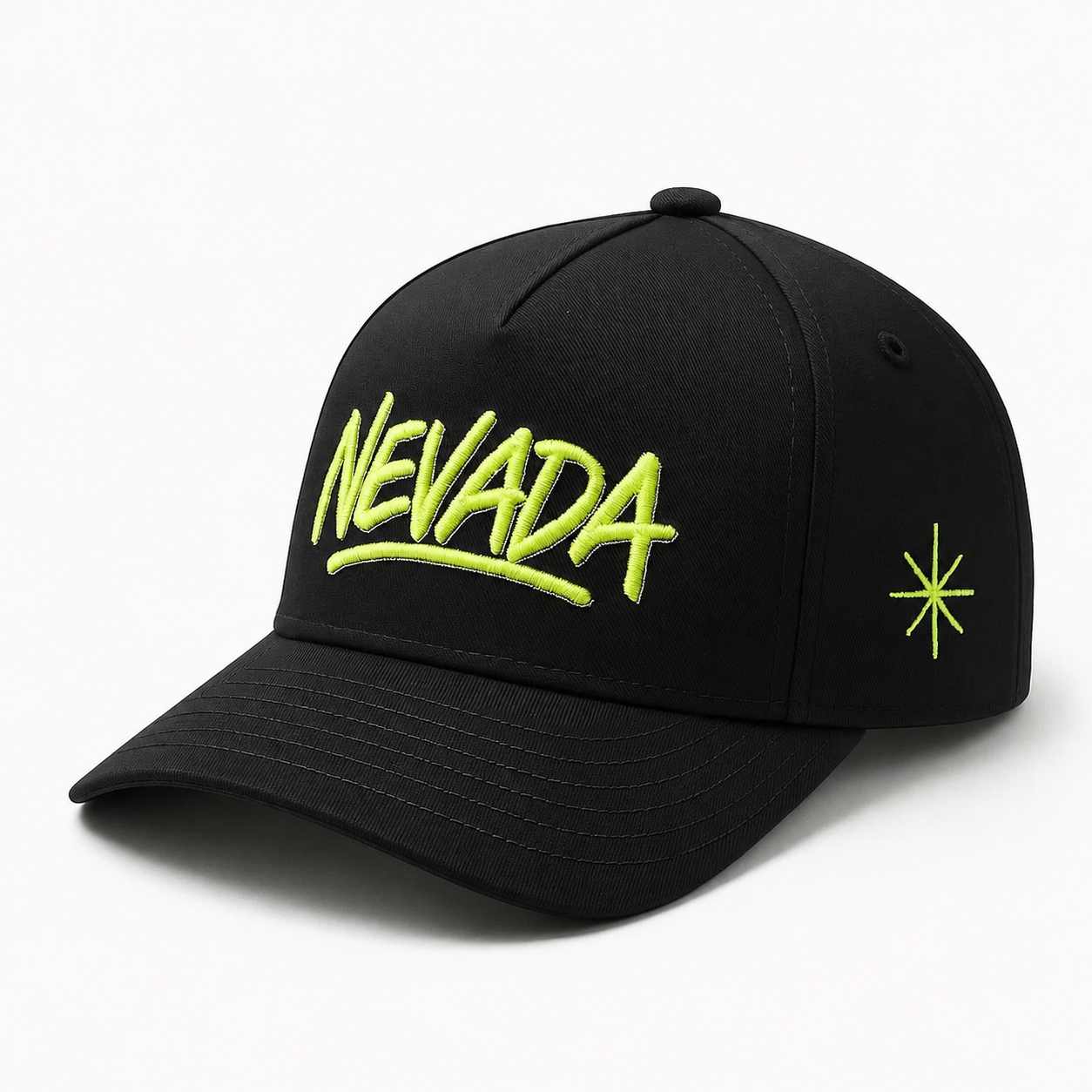Black 5 Panel Cotton Twill Baseball Cap with Neon Green Raised Embroidery Logo