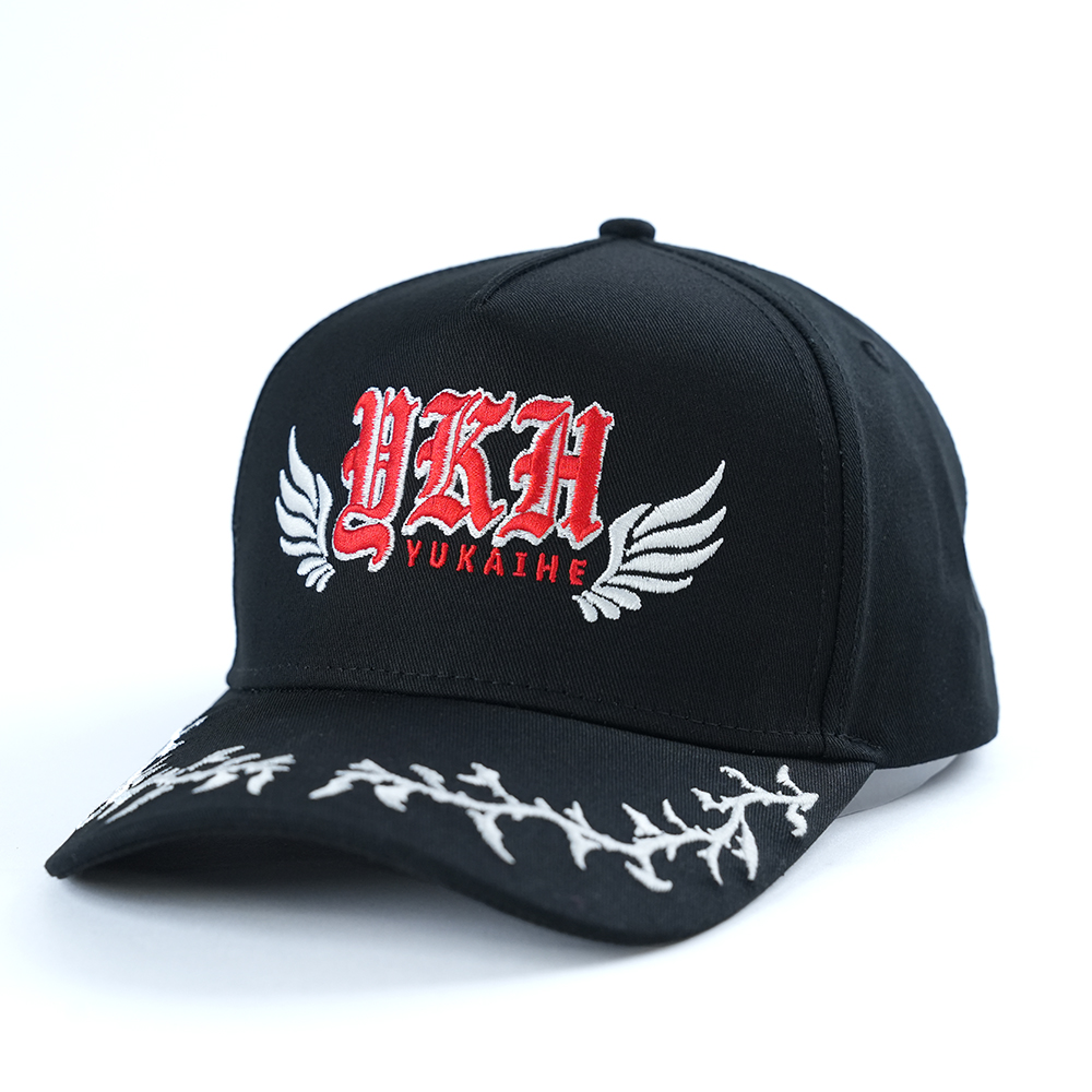 Black Cotton Twill Baseball Cap with Gothic Embroidered Logo and Wing Graphic Design