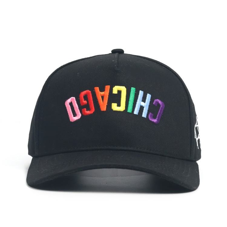 Black Cotton Twill 5-Panel Baseball Cap with Inverted Rainbow 3D Letter Embroidery & Curved Brim