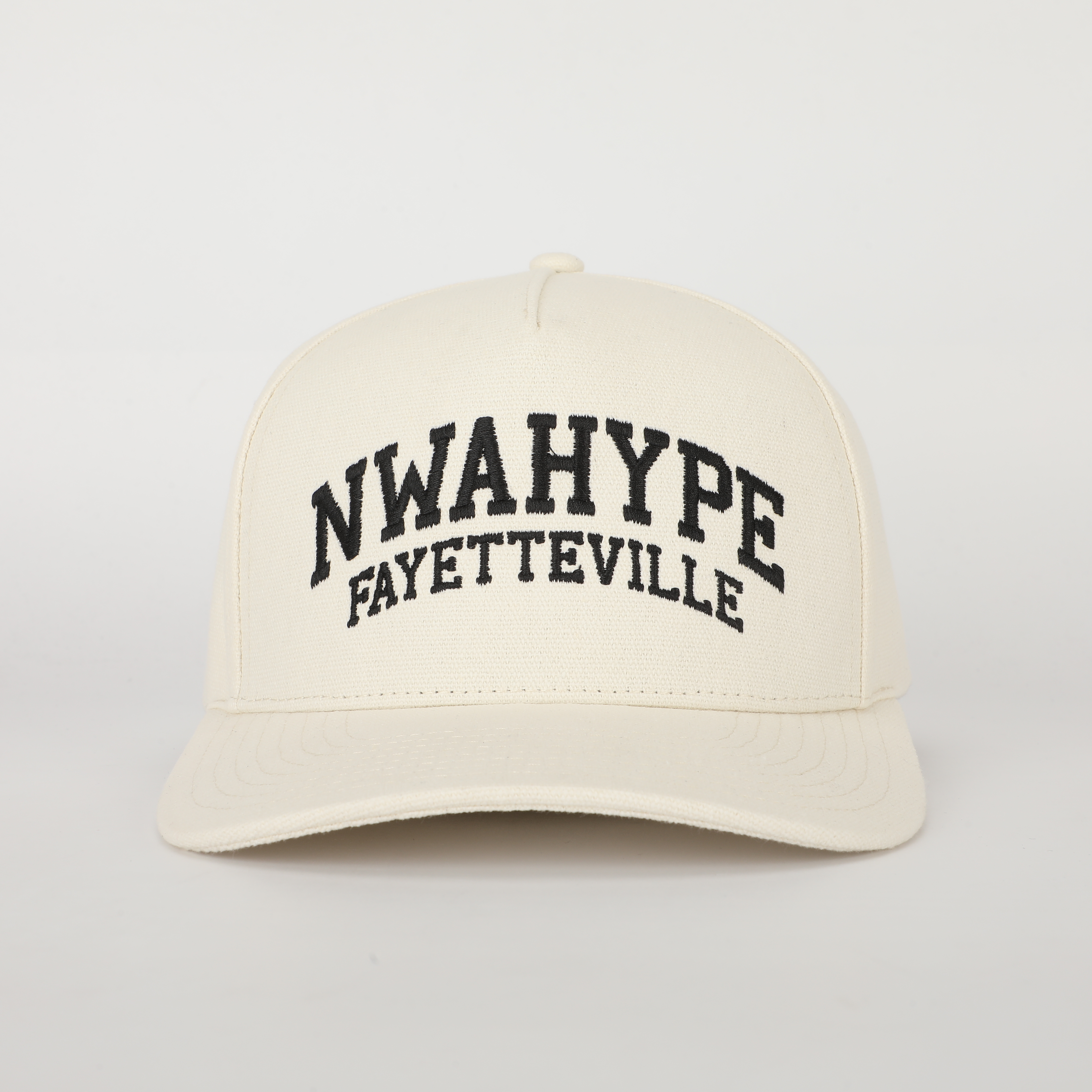 NWAHYPE Fayetteville Cream Cotton Twill 5-Panel Baseball Cap with Black Embroidered Lettering and Curved Brim