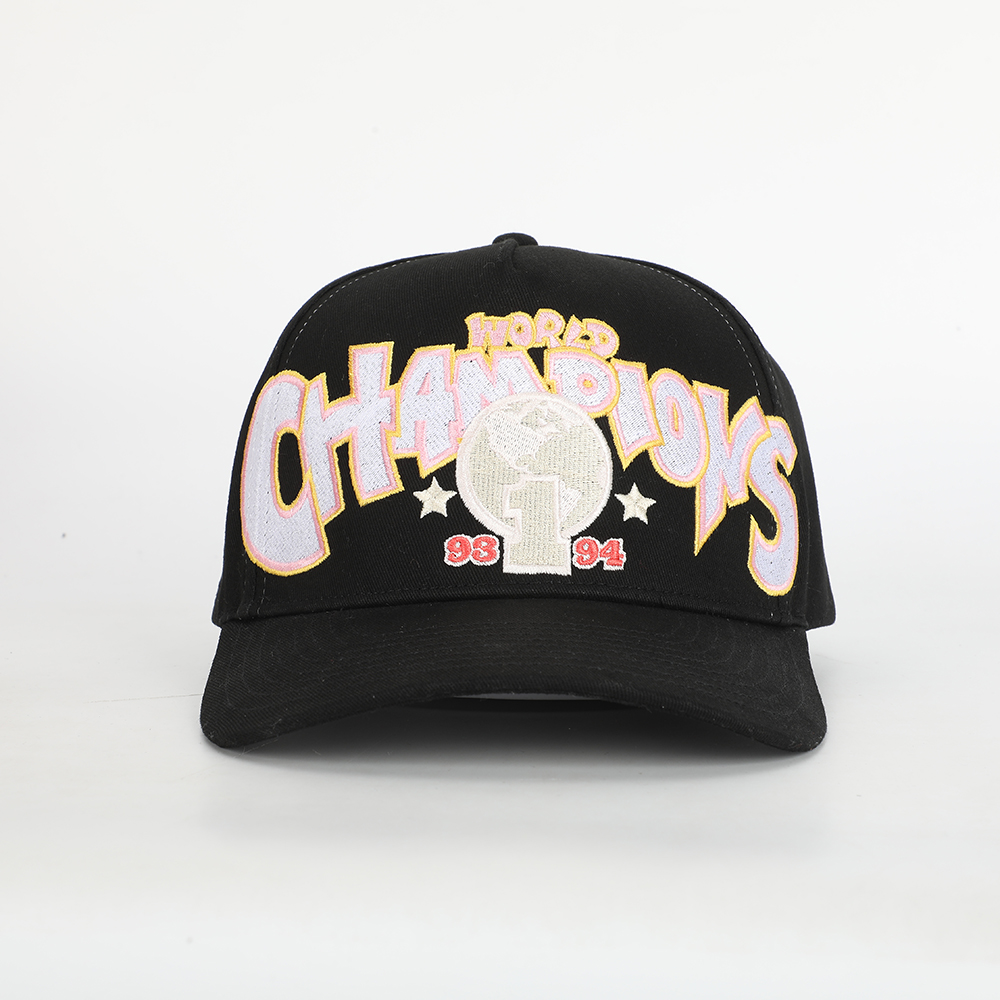 World Champions 93 94 Black Cotton Twill 5-Panel Baseball Cap with Oversized Multicolor 3D Embroidery and Curved Brim