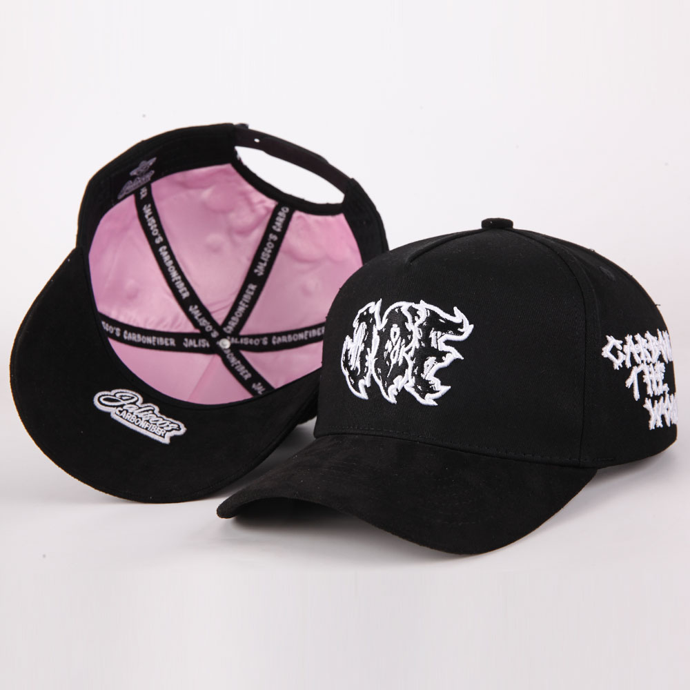 Black Cotton Twill Baseball Cap with Raised Embroidered Graffiti Logo, Curved Brim and Side Patch – Unisex Streetwear 5-Panel Hat