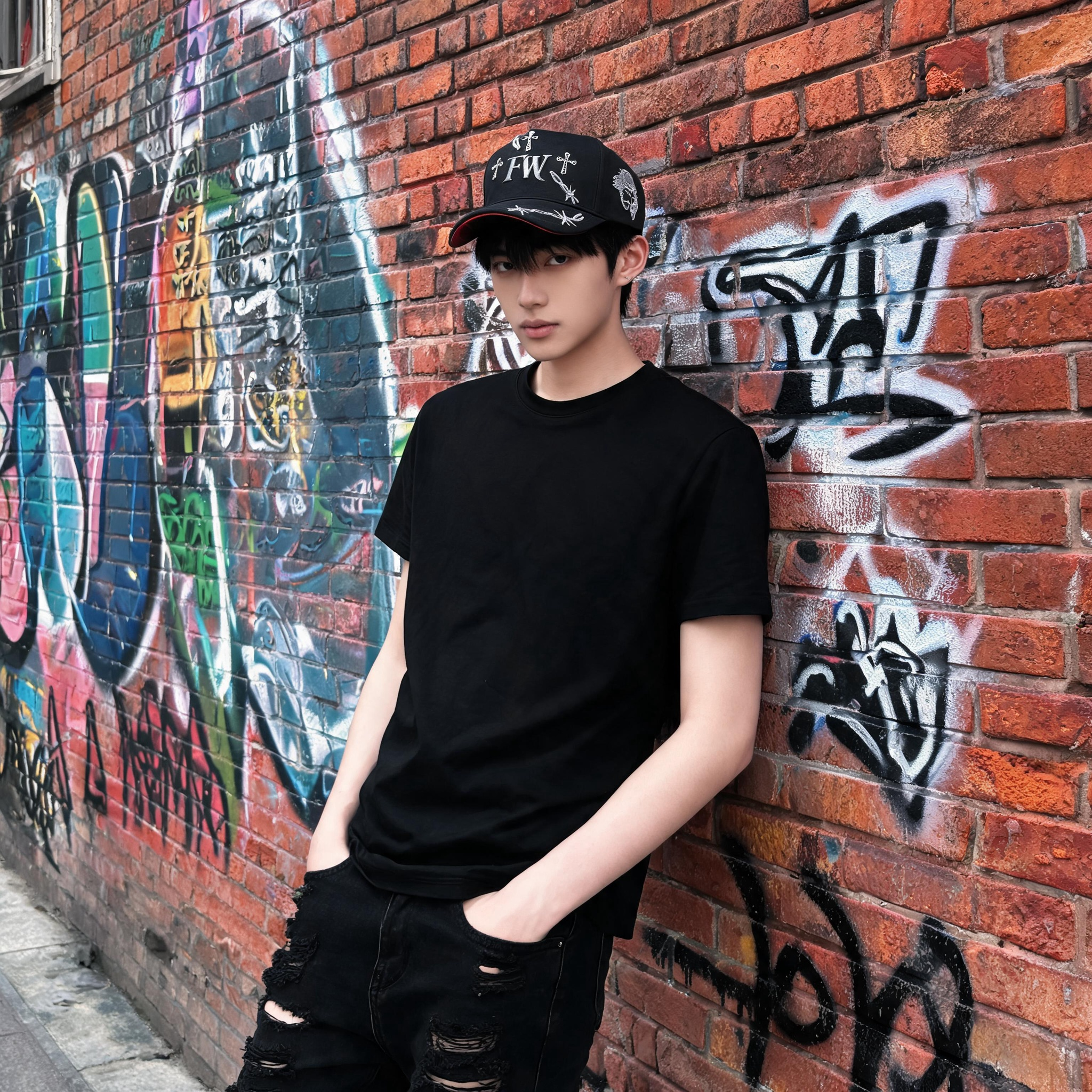 Black Embroidered Cross Pattern Adjustable Streetwear Baseball Cap Fashion Cotton Twill Hat