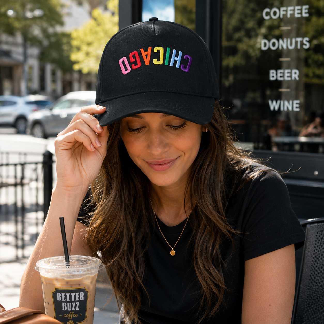 Black Cotton Twill 5-Panel Baseball Cap with Inverted Rainbow 3D Letter Embroidery & Curved Brim
