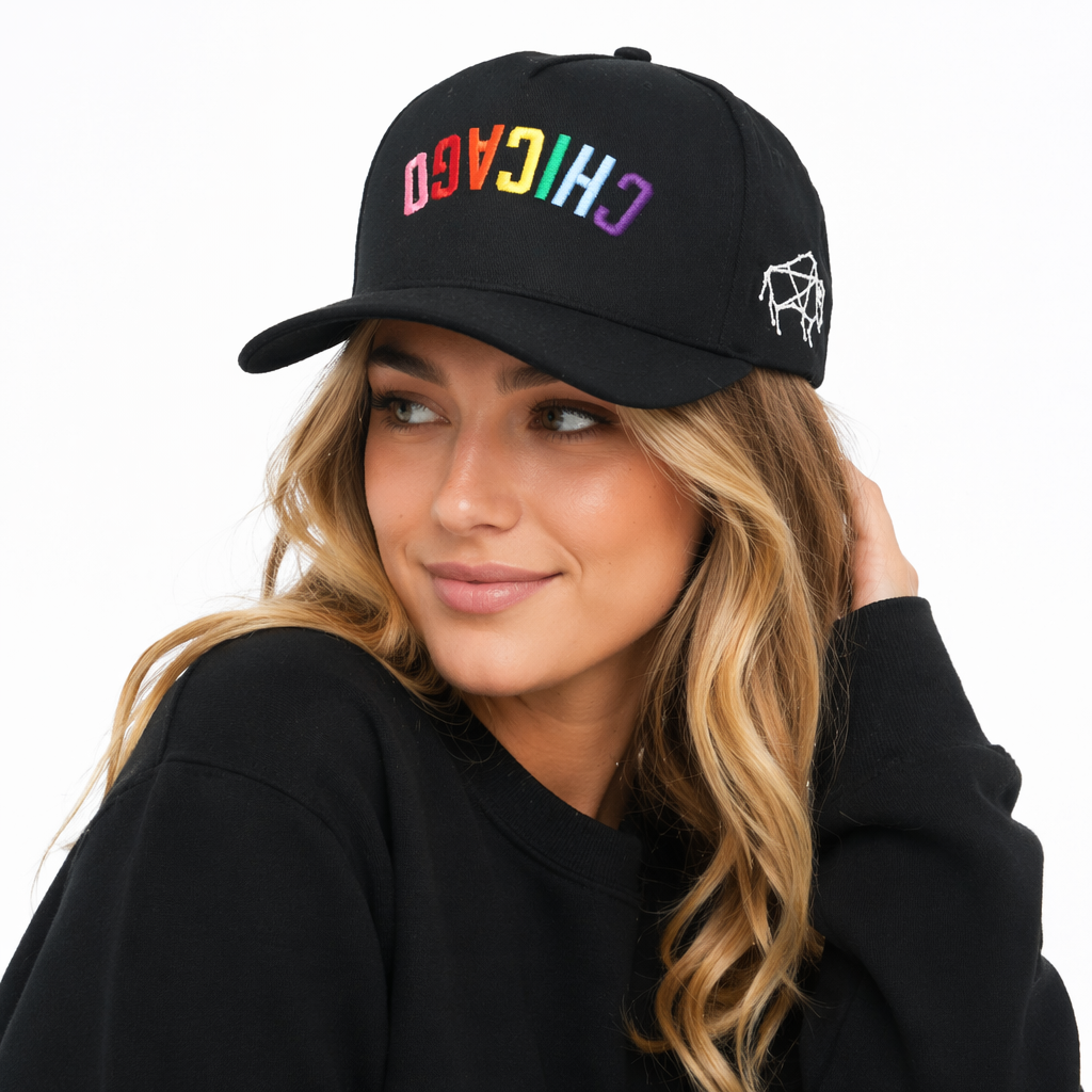 Black Cotton Twill 5-Panel Baseball Cap with Inverted Rainbow 3D Letter Embroidery & Curved Brim