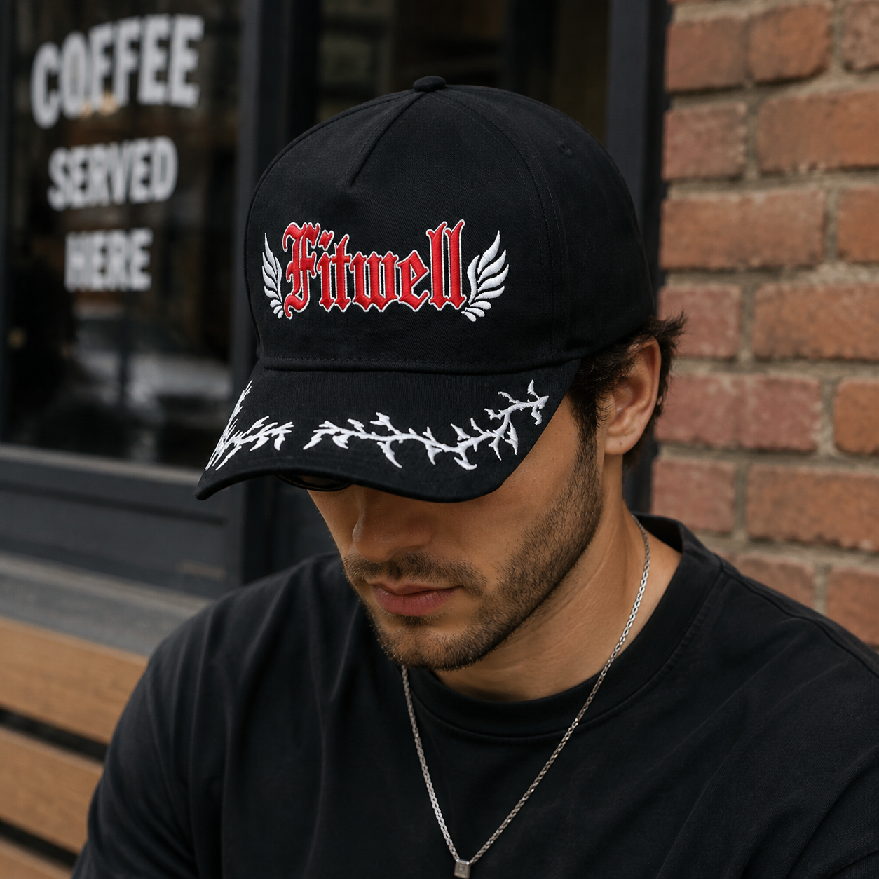Black Cotton Twill Baseball Cap with Gothic Embroidered Logo and Wing Graphic Design