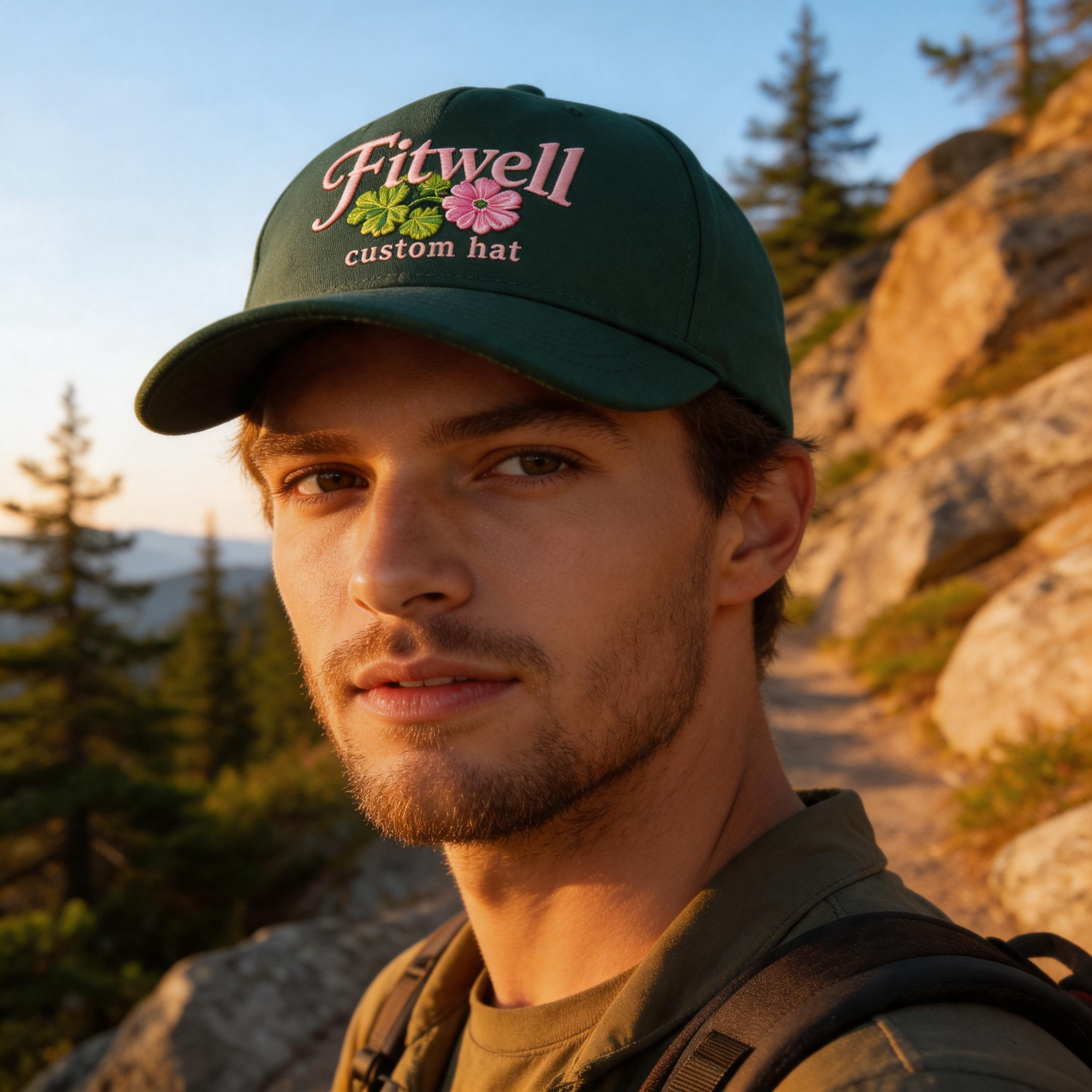 Dark Green Cotton Baseball Cap with Pink Geranium Floral Embroidered Logo