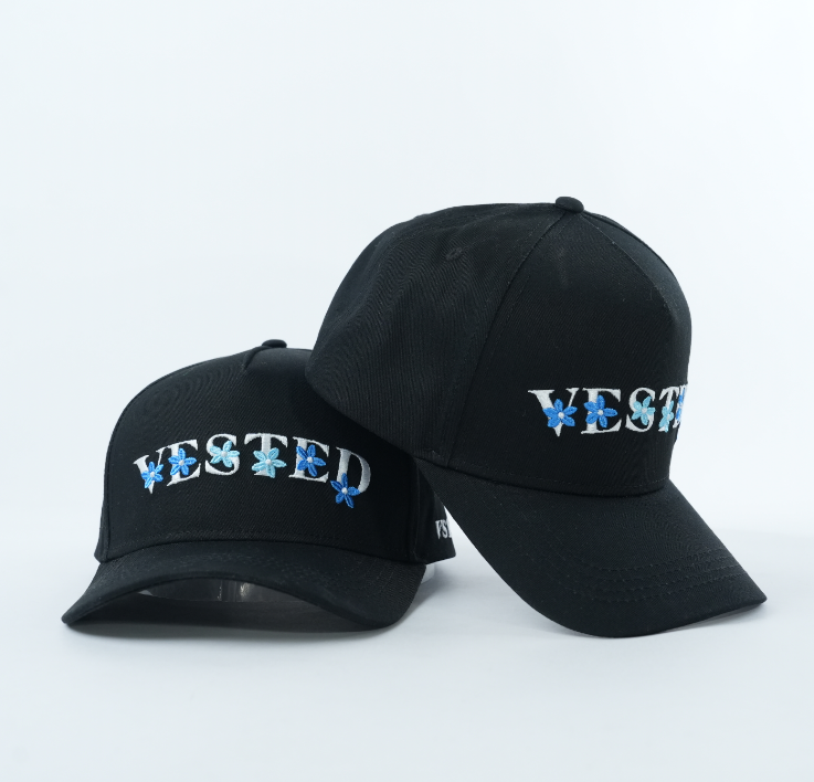 Black Cotton Twill Baseball Cap with Floral Letter Embroidery Logo and Curved Brim