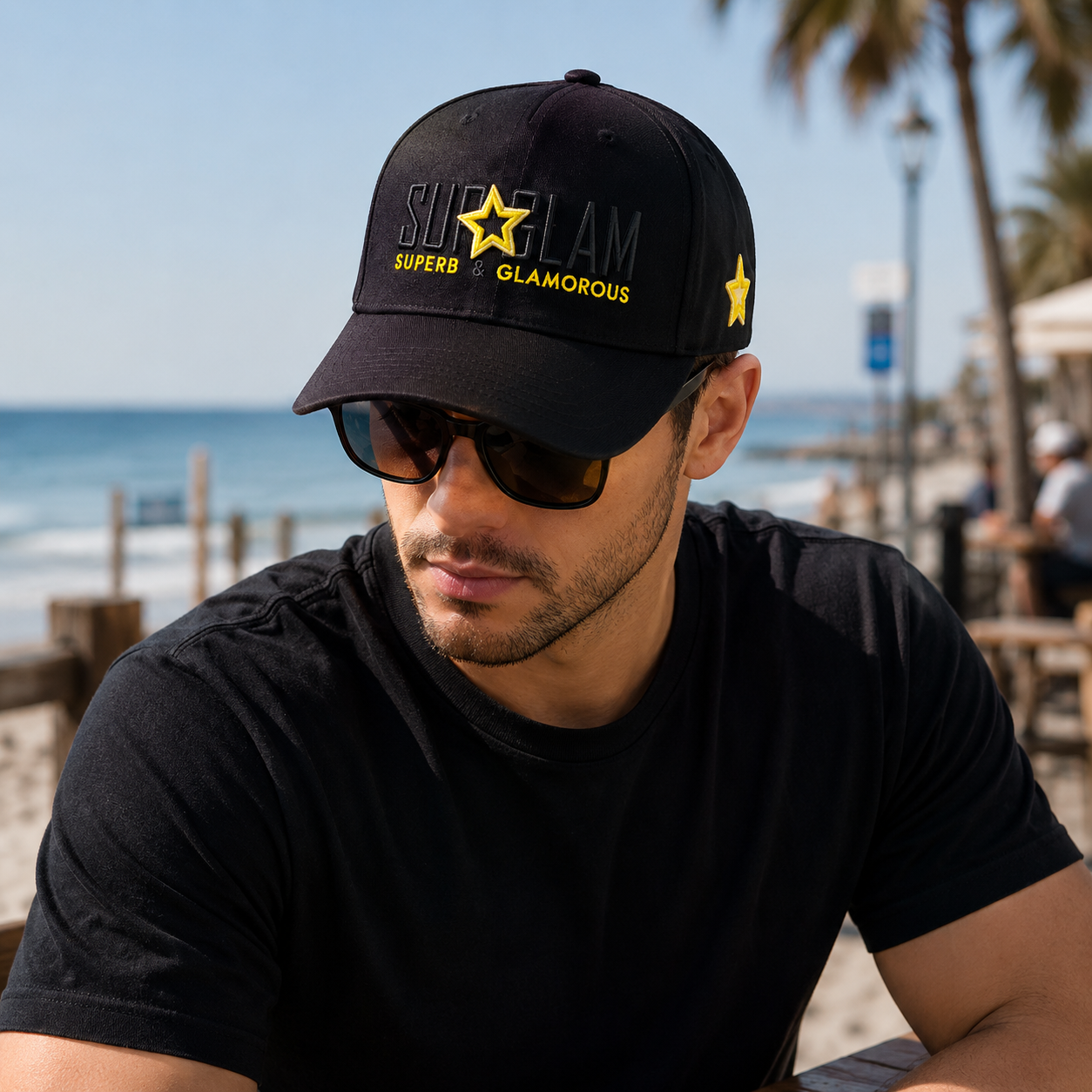 Black Cotton Twill Baseball Cap with Star Letter Embroidery
