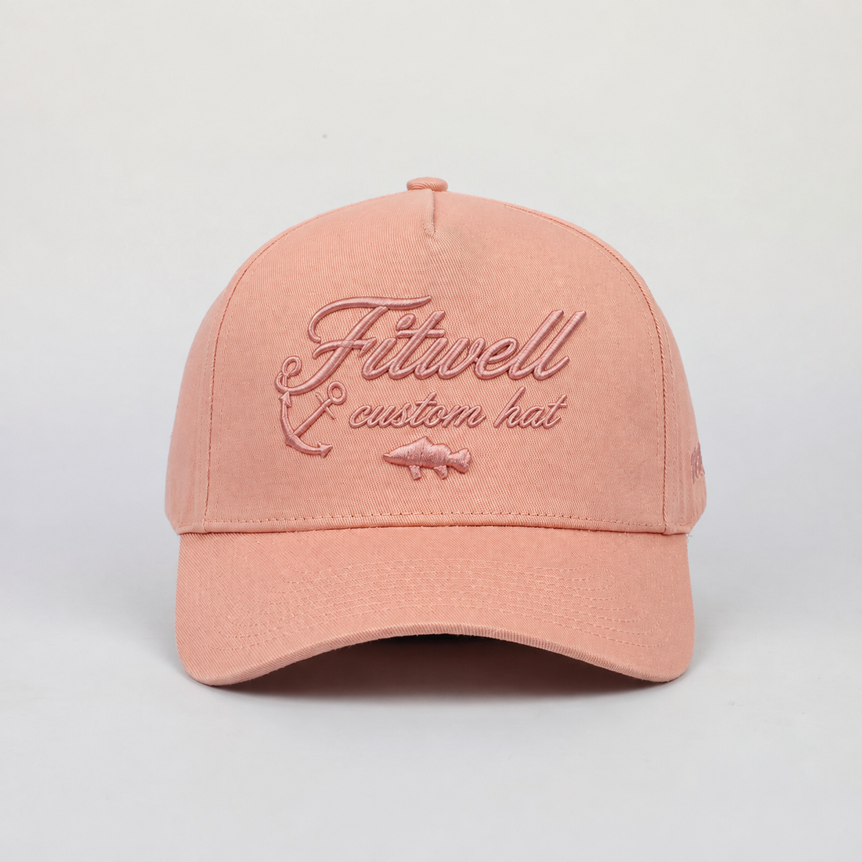 Peach Cotton Twill Baseball Cap with Tonal Anchor and Fish Embroidery