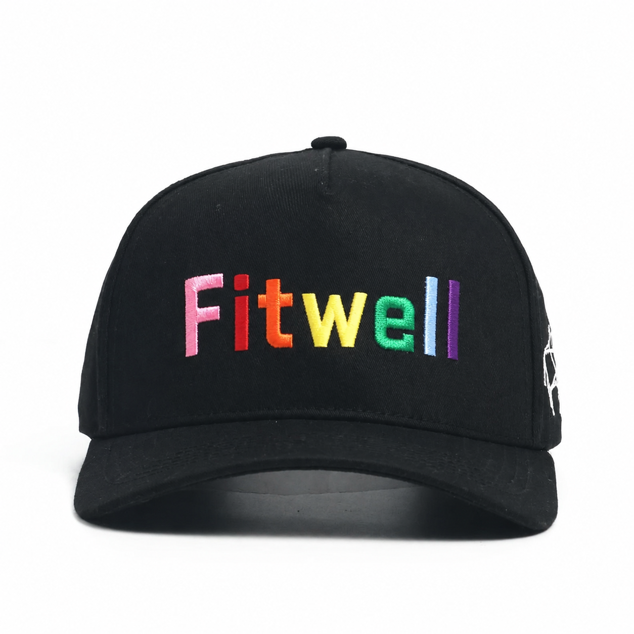 Black Cotton Twill 5-Panel Baseball Cap with Inverted Rainbow 3D Letter Embroidery & Curved Brim