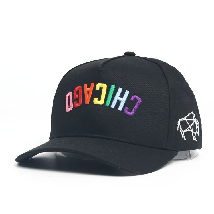 Black Cotton Twill 5-Panel Baseball Cap with Inverted Rainbow 3D Letter Embroidery & Curved Brim