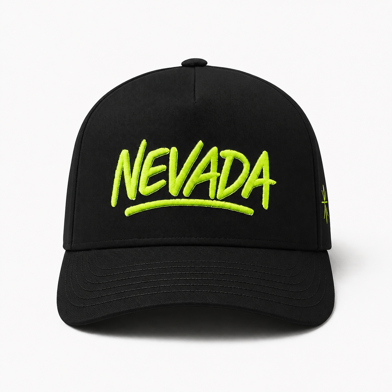 Black 5 Panel Cotton Twill Baseball Cap with Neon Green Raised Embroidery Logo
