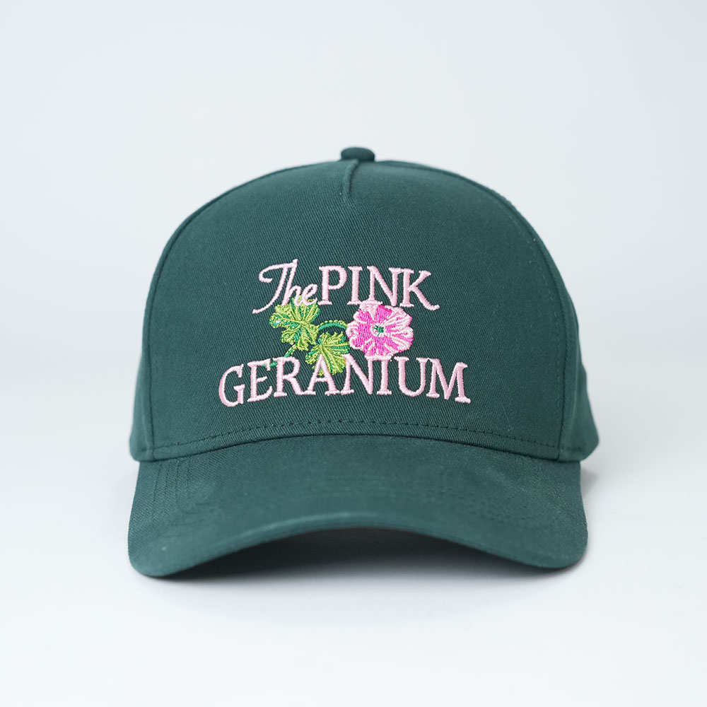 Dark Green Cotton Baseball Cap with Pink Geranium Floral Embroidered Logo