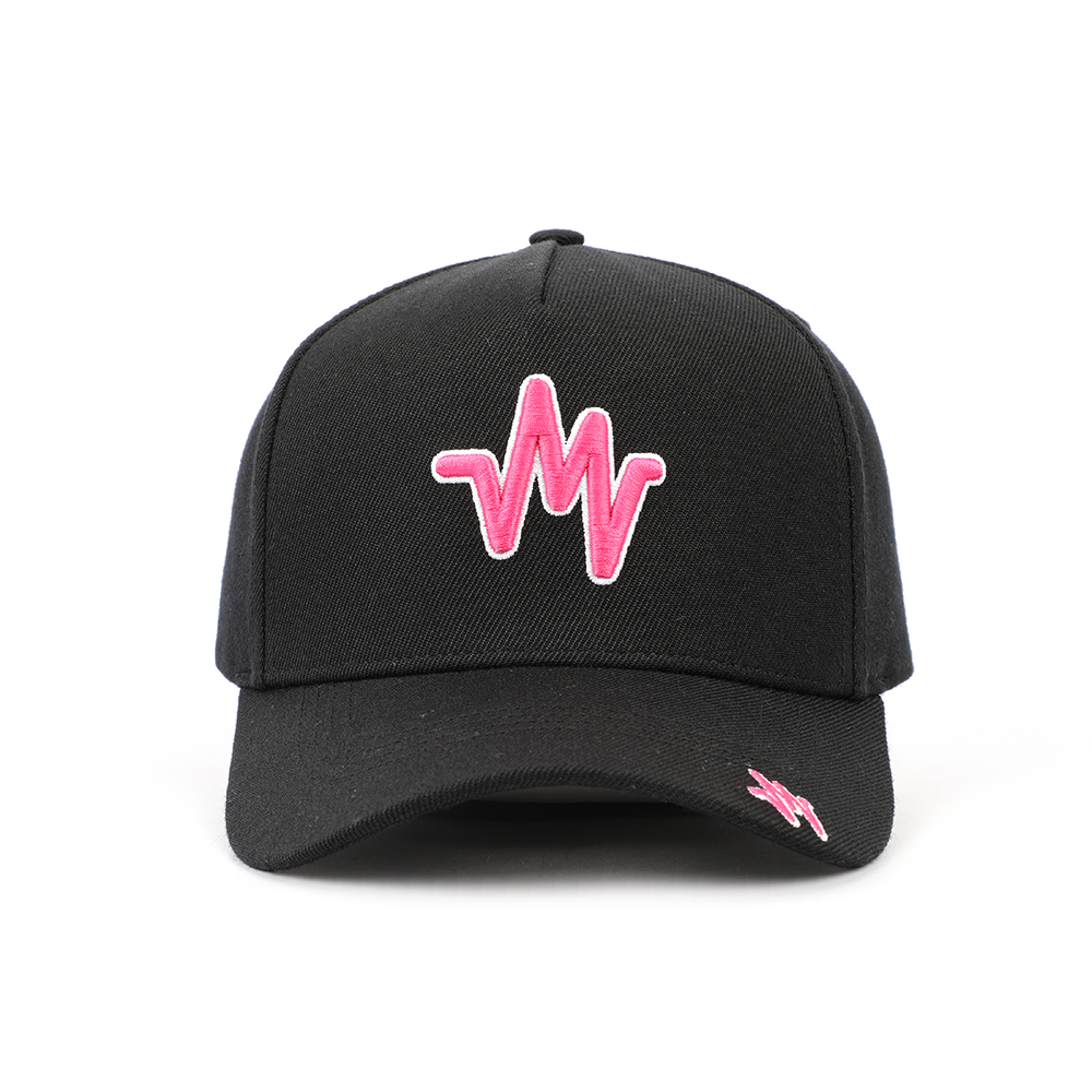 Black Five-Panel Cotton Twill Baseball Cap with Pink 3D Wave Embroidery