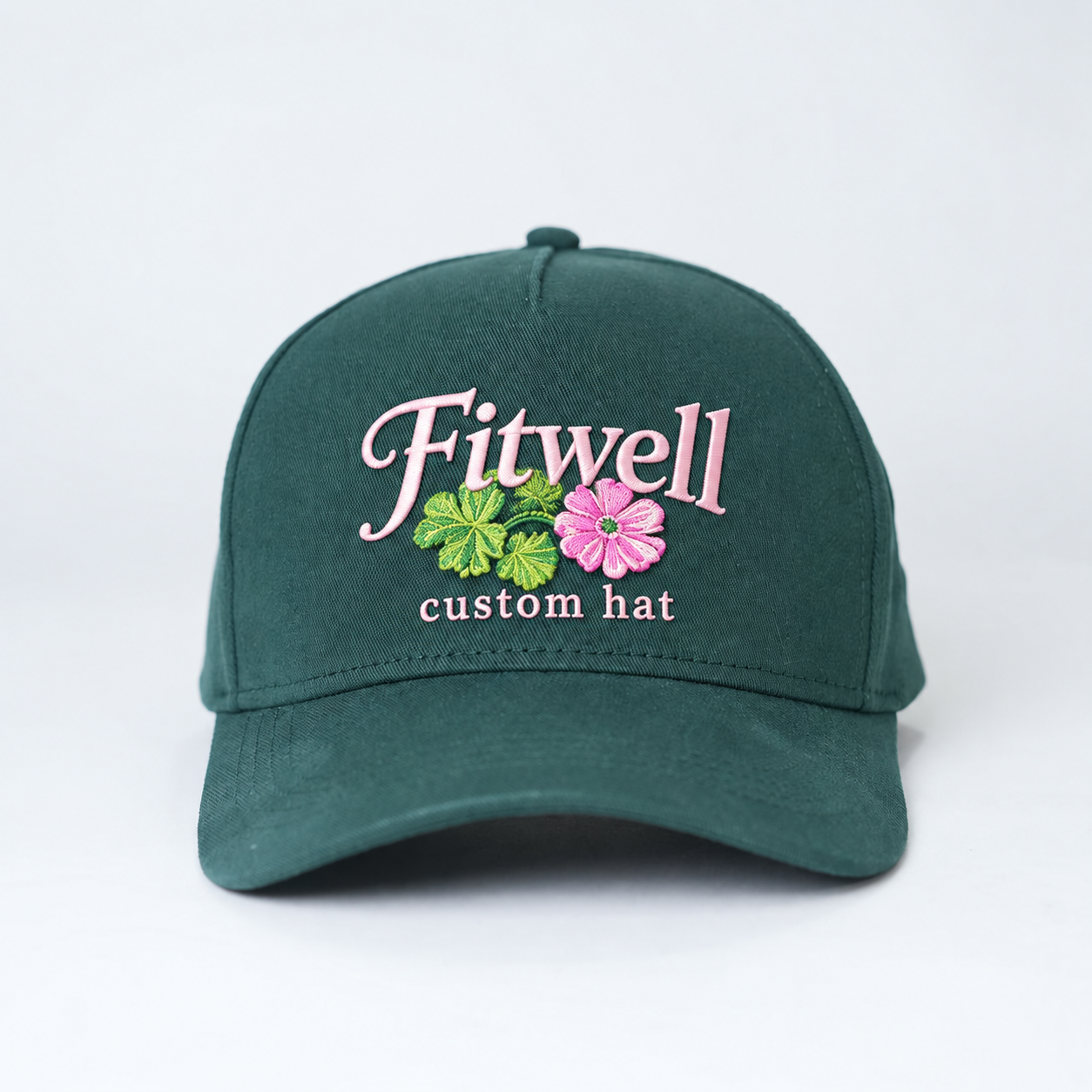 Dark Green Cotton Baseball Cap with Pink Geranium Floral Embroidered Logo