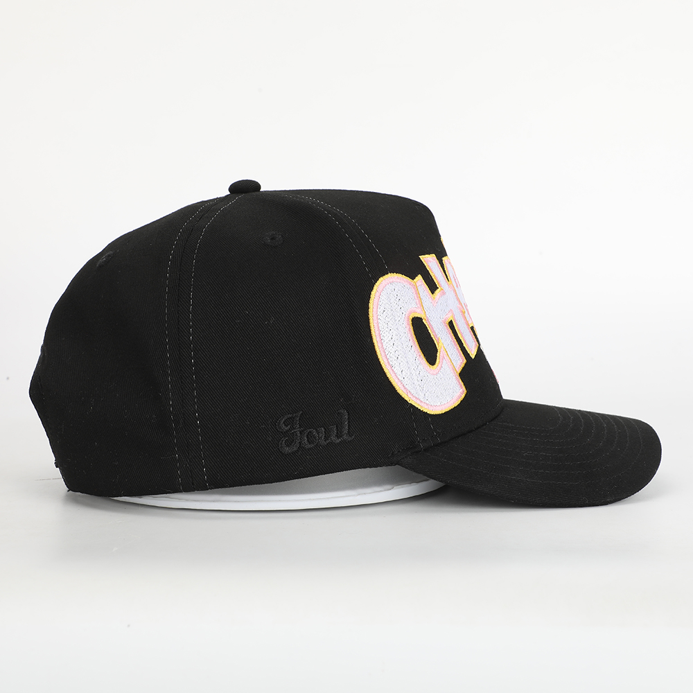 World Champions 93 94 Black Cotton Twill 5-Panel Baseball Cap with Oversized Multicolor 3D Embroidery and Curved Brim