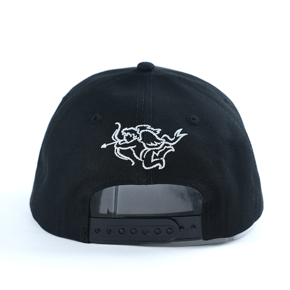 Black Cotton Twill Baseball Cap with Gothic Embroidered Logo and Wing Graphic Design