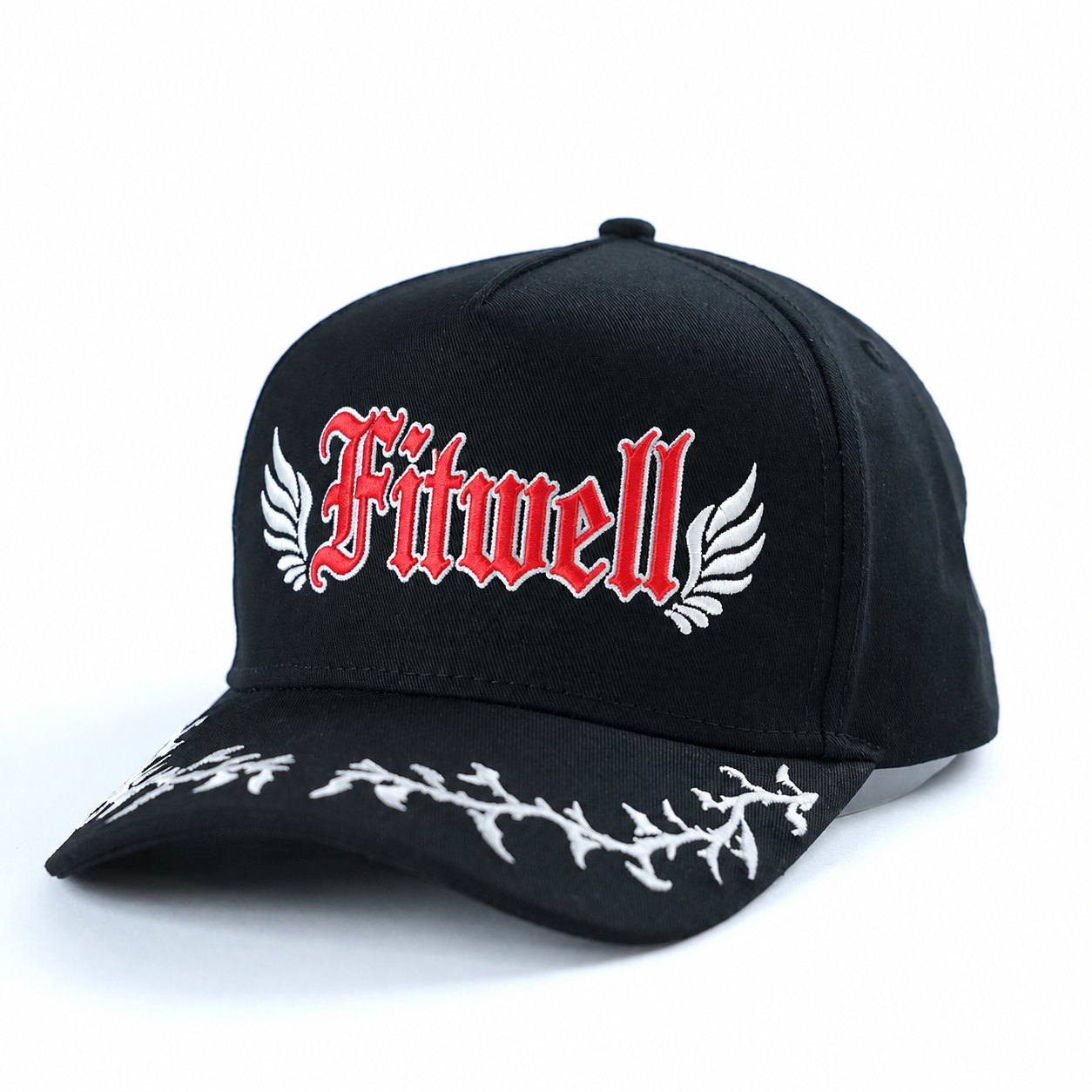 Black Cotton Twill Baseball Cap with Gothic Embroidered Logo and Wing Graphic Design
