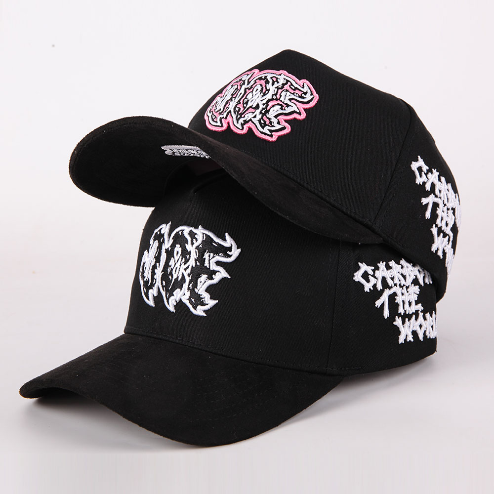 Black Cotton Twill Baseball Cap with Raised Embroidered Graffiti Logo, Curved Brim and Side Patch – Unisex Streetwear 5-Panel Hat