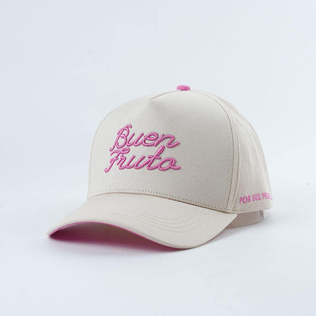 Cream White 5 Panel Cotton Twill Baseball Cap with Pink Script Embroidery Logo and Curved Brim