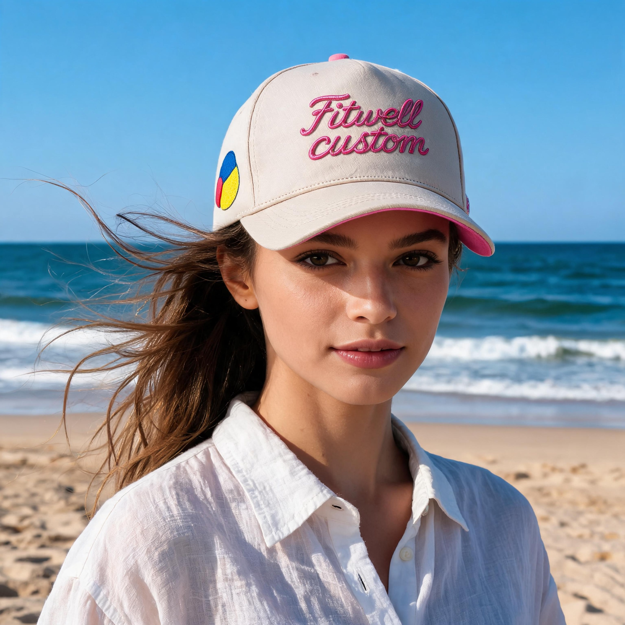 Cream White 5 Panel Cotton Twill Baseball Cap with Pink Script Embroidery Logo and Curved Brim