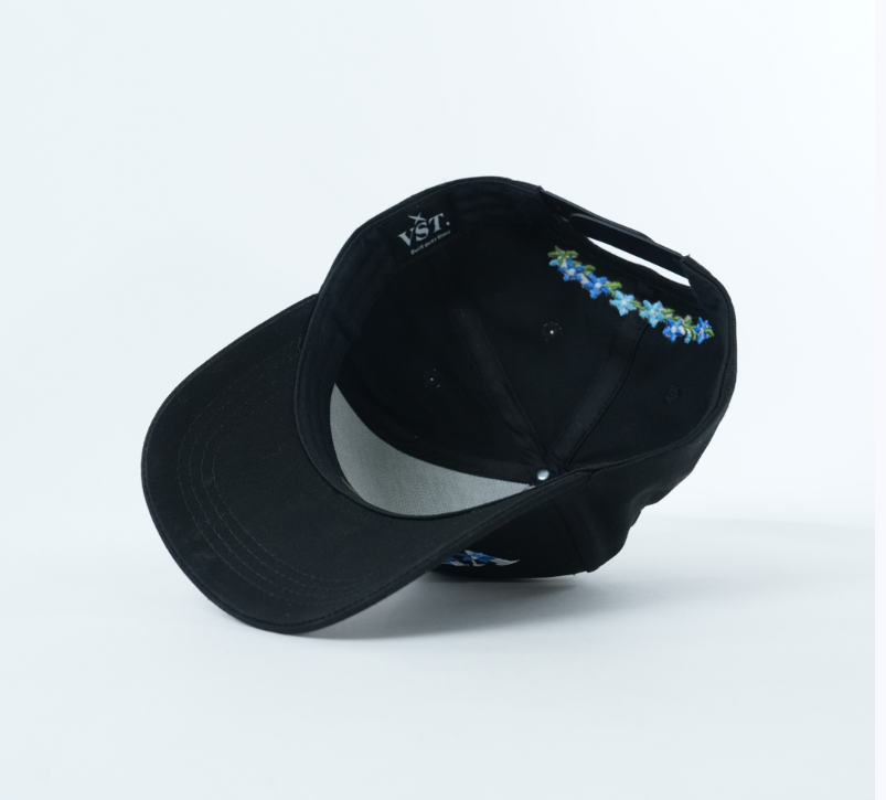 Black Cotton Twill Baseball Cap with Floral Letter Embroidery Logo and Curved Brim