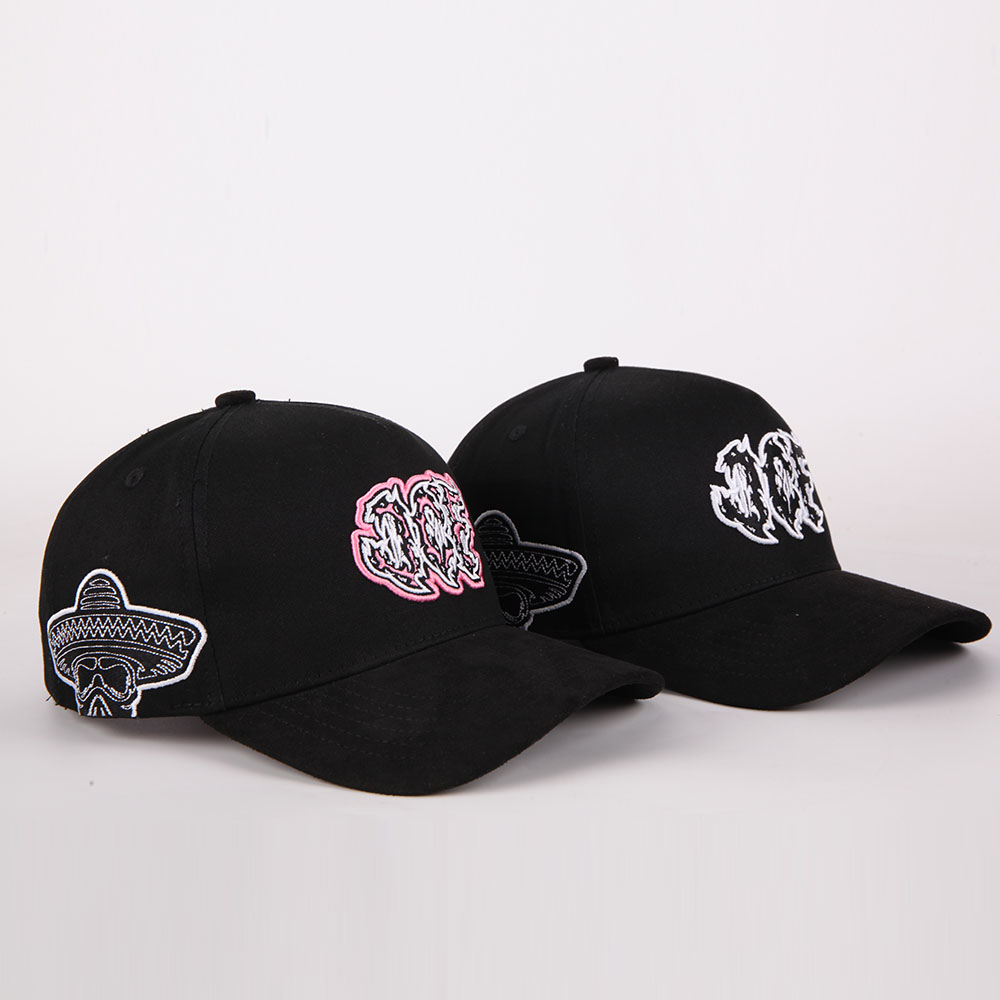 Black Cotton Twill Baseball Cap with Raised Embroidered Graffiti Logo, Curved Brim and Side Patch – Unisex Streetwear 5-Panel Hat