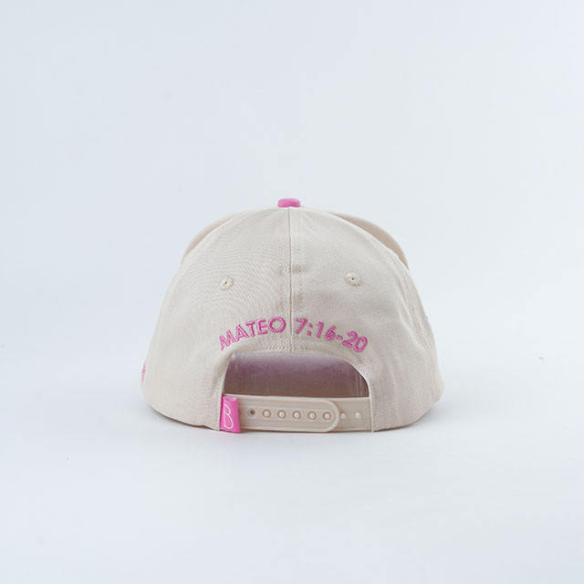 Cream White 5 Panel Cotton Twill Baseball Cap with Pink Script Embroidery Logo and Curved Brim