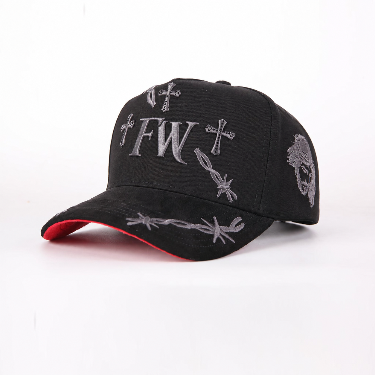 Black Embroidered Cross Pattern Adjustable Streetwear Baseball Cap Fashion Cotton Twill Hat