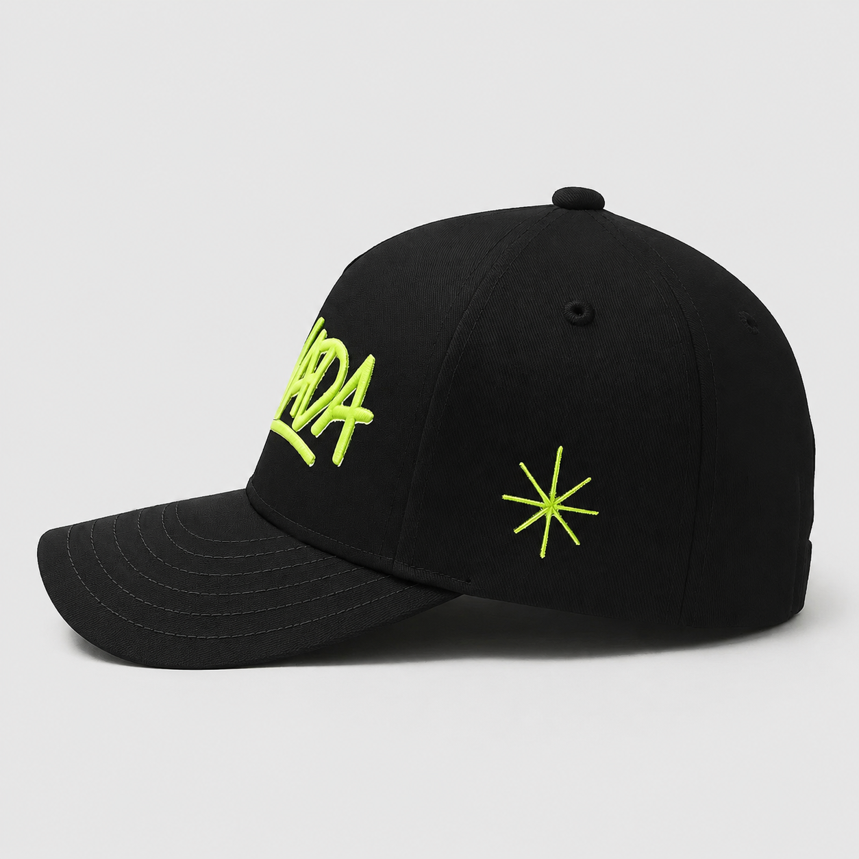 Black 5 Panel Cotton Twill Baseball Cap with Neon Green Raised Embroidery Logo