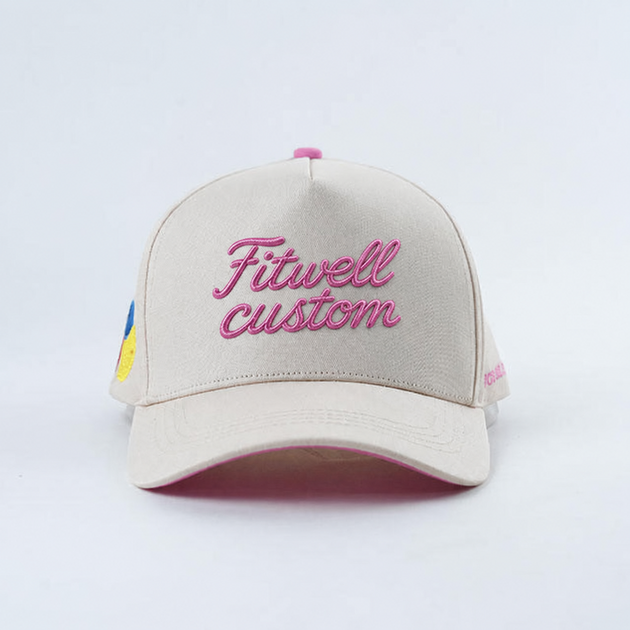Cream White 5 Panel Cotton Twill Baseball Cap with Pink Script Embroidery Logo and Curved Brim