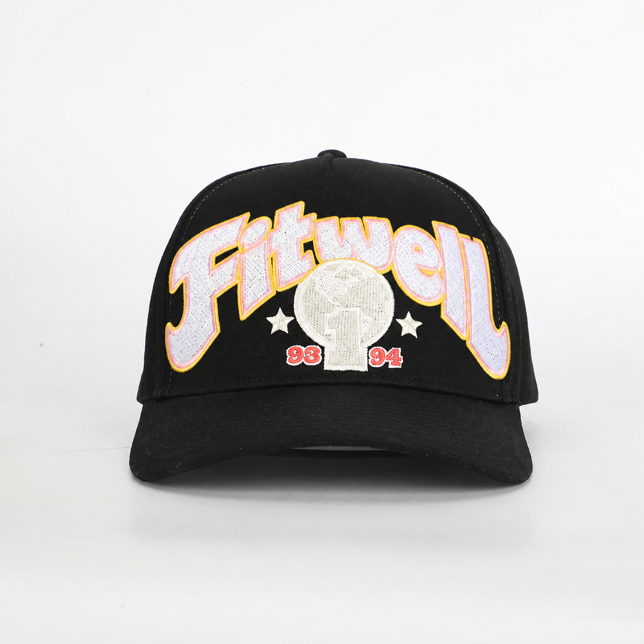 World Champions 93 94 Black Cotton Twill 5-Panel Baseball Cap with Oversized Multicolor 3D Embroidery and Curved Brim