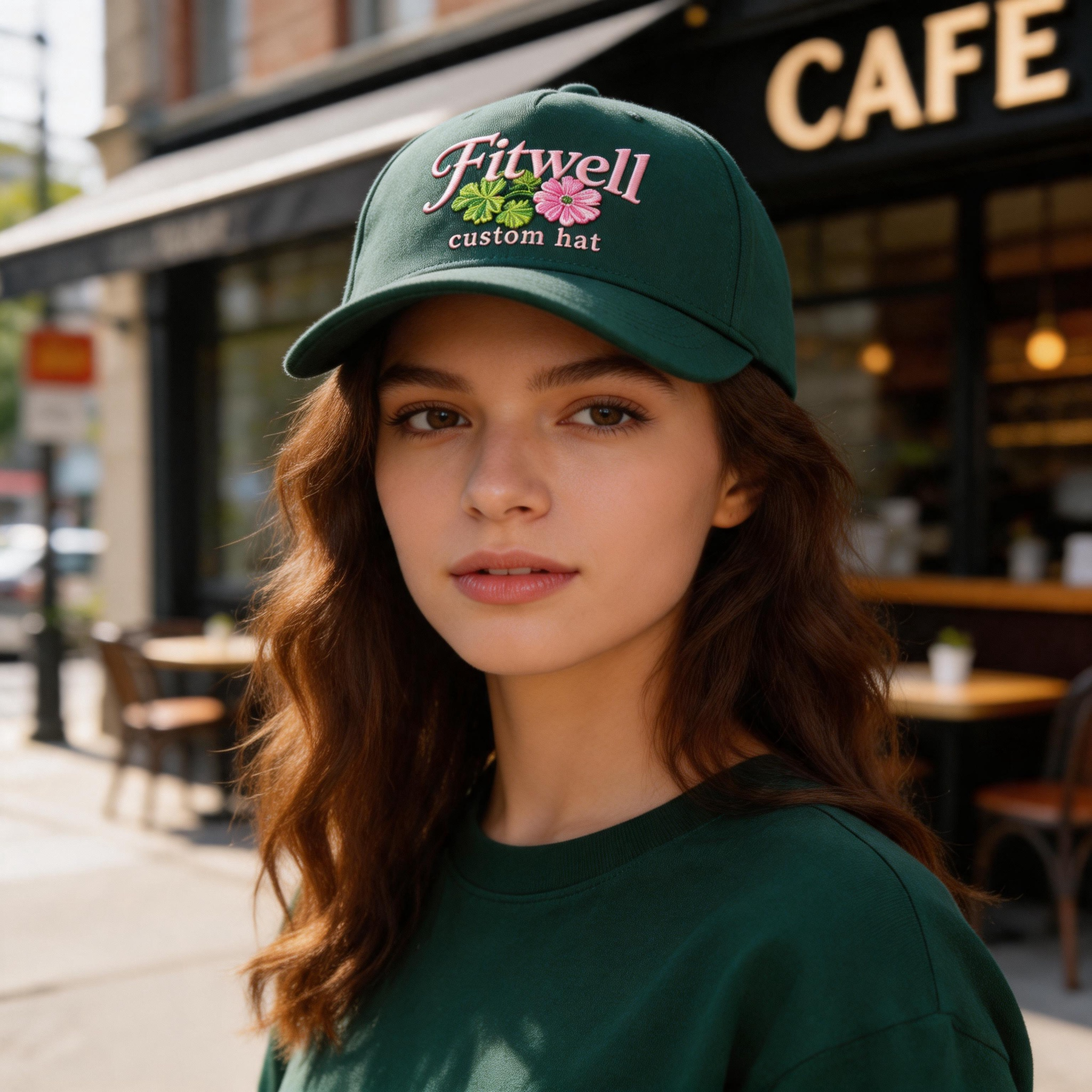 Dark Green Cotton Baseball Cap with Pink Geranium Floral Embroidered Logo