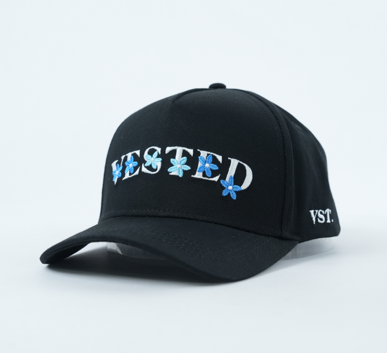 Black Cotton Twill Baseball Cap with Floral Letter Embroidery Logo and Curved Brim